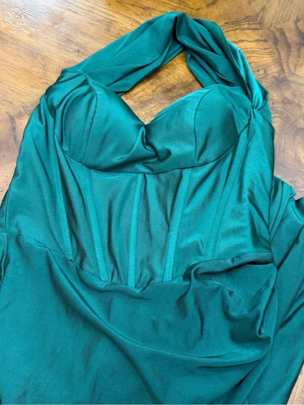 AOSHABABI Emerald Green Halter Corset Maxi Dress Lace Up Back Slit Formal Size S - Picture 4 of 5